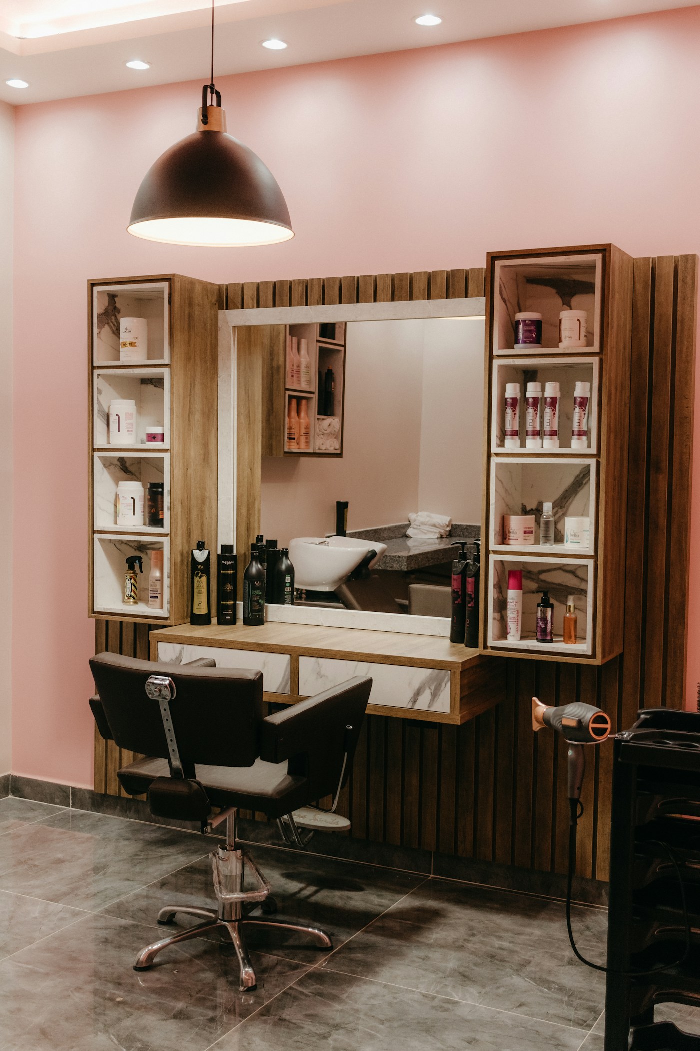 Modern salon station with mirror and styling chair